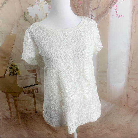 NEW T Tahari Crew Neck Lace Ivory Blouse - Picture 4 of 11